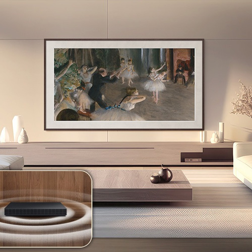 Samsung The Frame TV in Art Mode displaying a Degas ballet painting in a modern living room